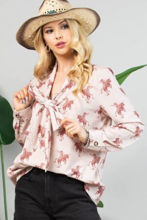 Bucking Horses Print Front Tie Woven Shirt.